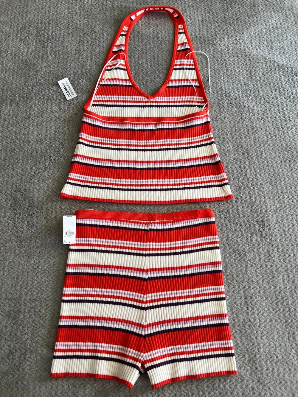 NWT Old Navy Red Striped Knit High Rise Ribbed Shorts & Halter Crop Top Set